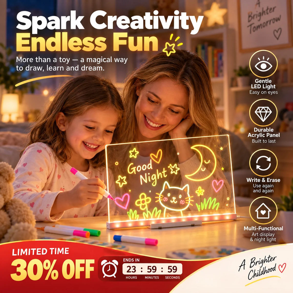 🎨LED Glow Drawing Board ✨ Unleash Your Child’s Imagination | Erasable & Reusable, Perfect Christmas Gift