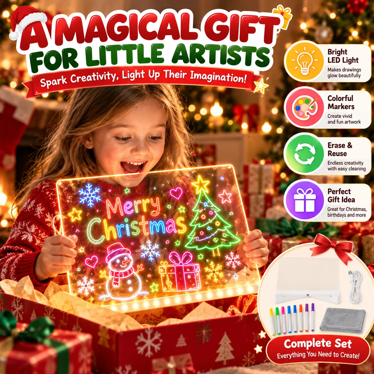 🎨LED Glow Drawing Board ✨ Unleash Your Child’s Imagination | Erasable & Reusable, Perfect Christmas Gift