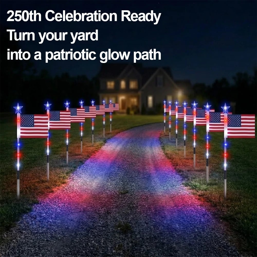 8 Solar American Flag Pathway Lights – Red, White & Blue Yard Glow for 250th Independence Celebration 🇺🇸✨